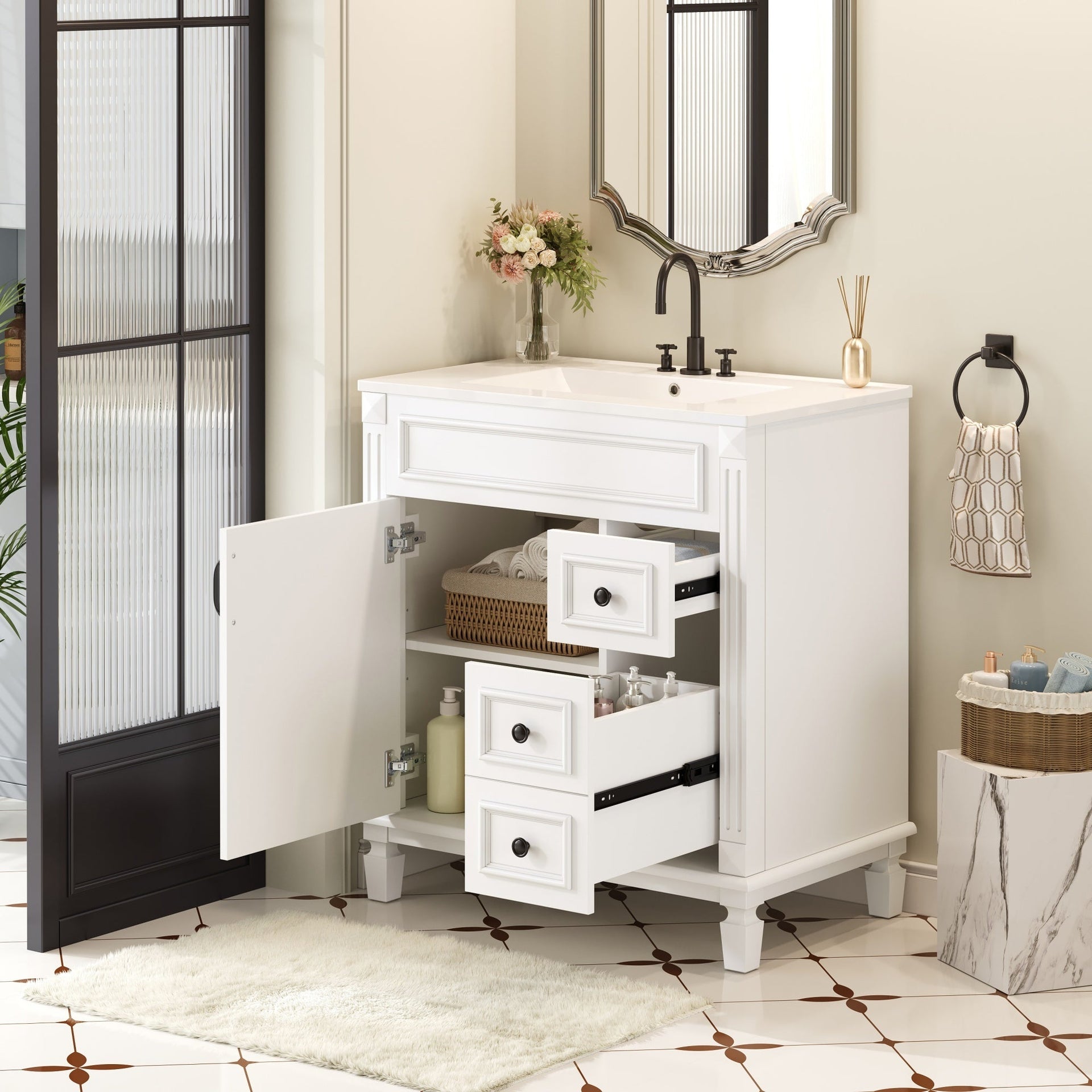 Bathroom Vanity with Ceramic Sink, Modern Cabinet with 2 Drawers & Shelf