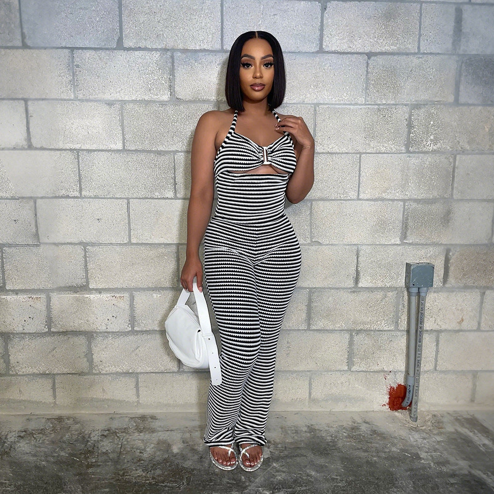 Belted Short Top with Slim Pencil Skirt Two-Piece Set in Jacquard Stripe