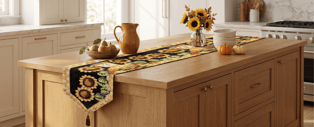 Tache Sunflower Field Scarecrow Autumn Harvest Woven Tapestry Table Runners (11712TR)