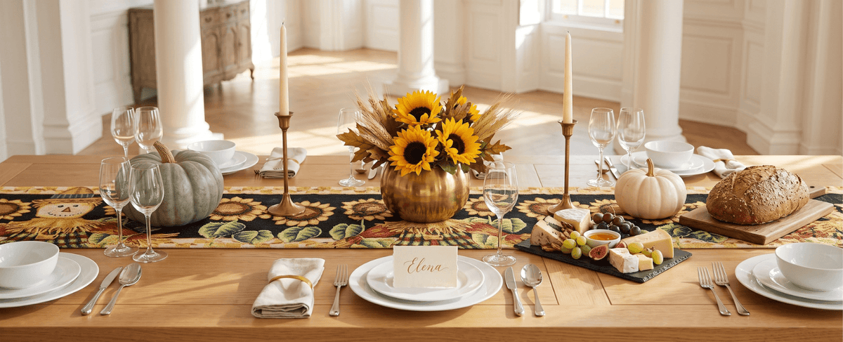 Tache Sunflower Field Scarecrow Autumn Harvest Woven Tapestry Table Runners (11712TR)