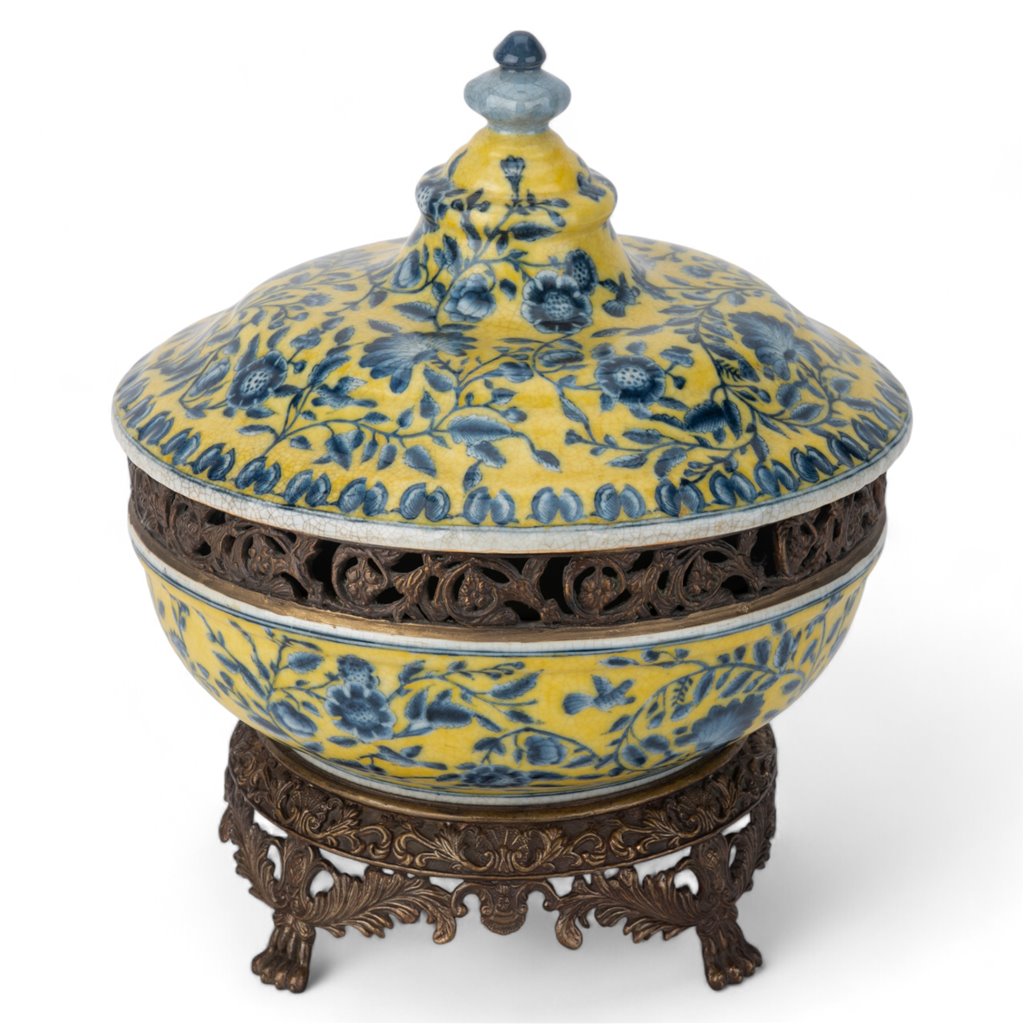 Hand Painted Fleumont Chinoiserie Porcelain Tureen/Bowl with Bronze Ormolu