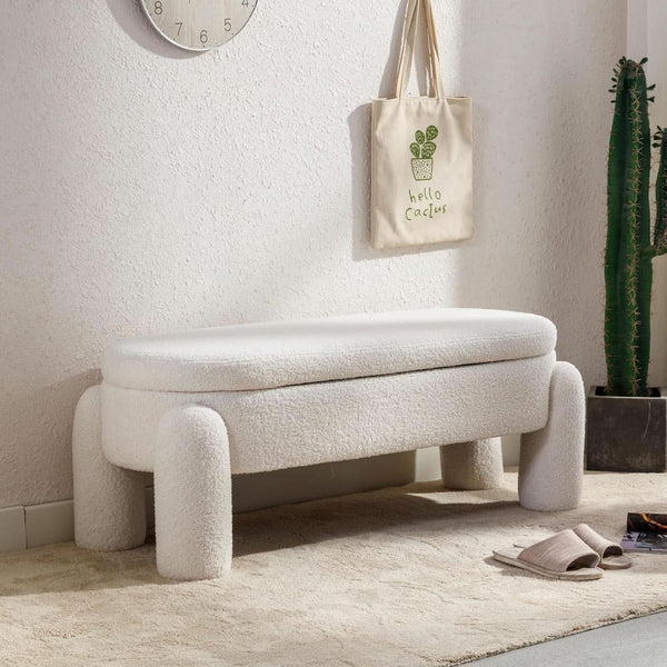 44.7-Inch White Boucle Upholstered Storage Ottoman Bench
