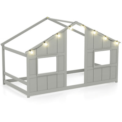 Twin Size House Bed with LED Lights Montessori Slat-free Floor Bed-Grey