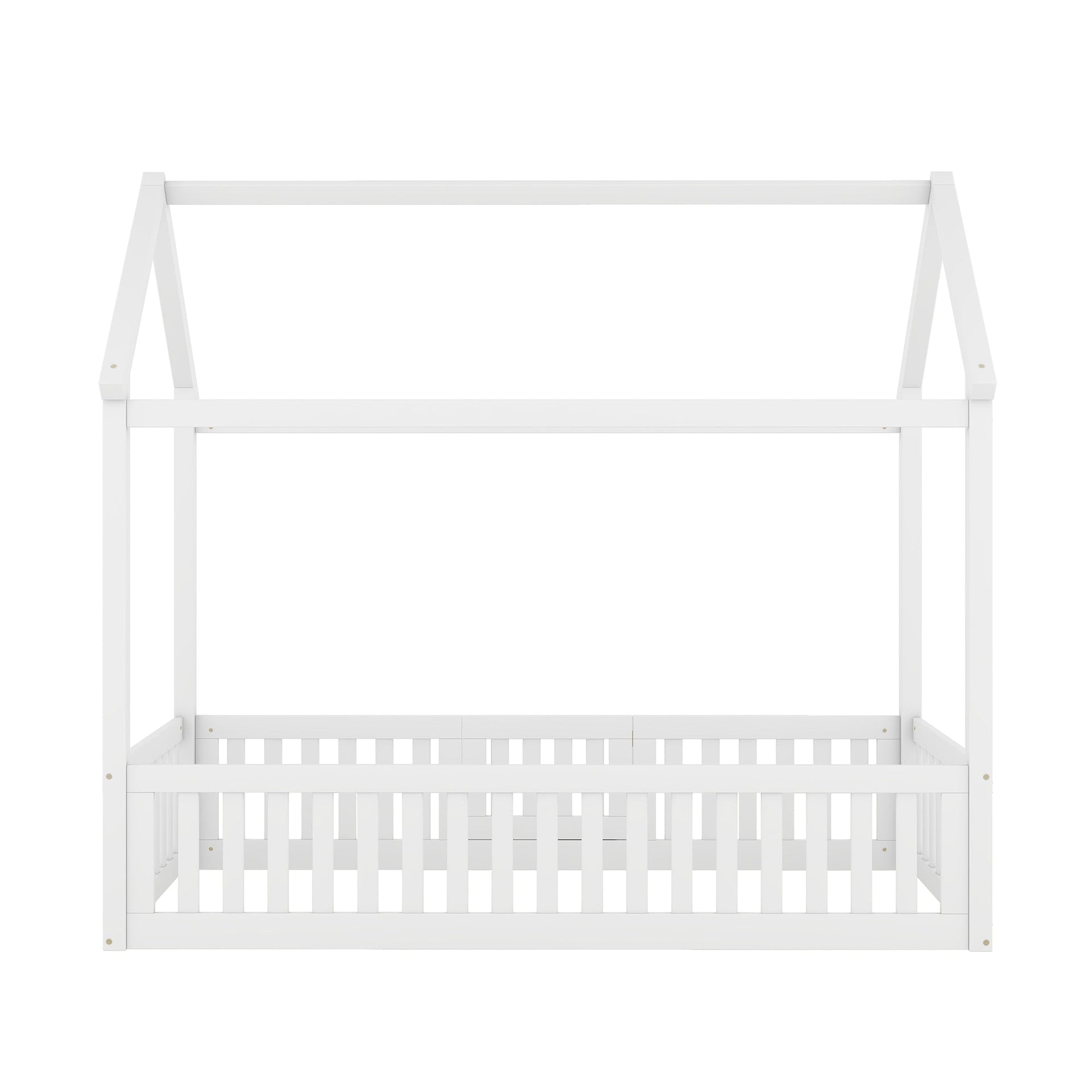 Twin Size Wood House Bed with Fence and Door, White