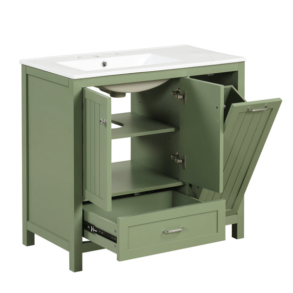 36 inch bathroom vanity with sink, one double door cabinet one large drawer and one flip drawer solid wood and MDF board, green