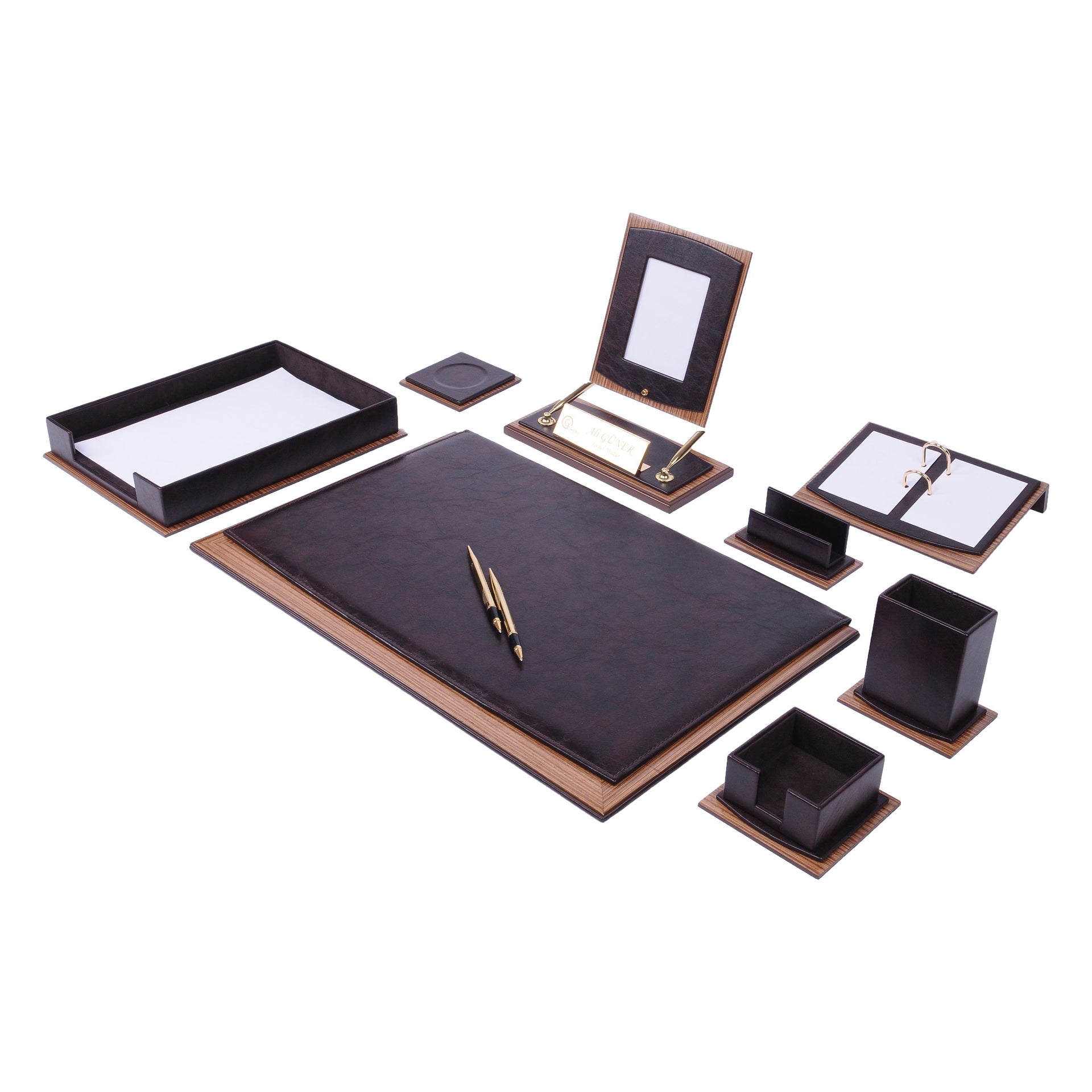 MOOG Star Leather Desk Set -Walnut Wood Combination - Black -11 PCS