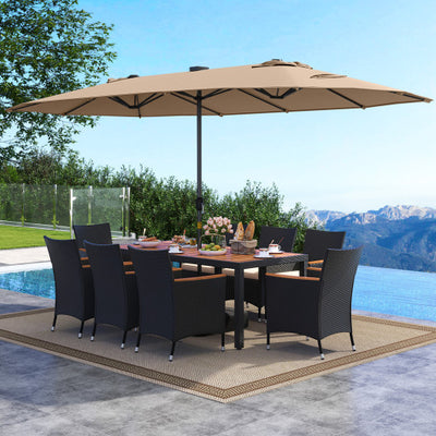 11 Pieces Patio Dining Set with LED Patio Umbrella with Base and Seat Cushions (Beige)-Coffee