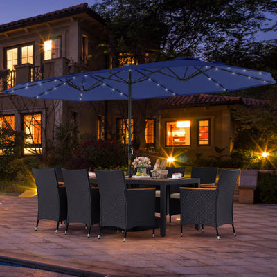 11 Pieces Patio Dining Set with LED Patio Umbrella with Base and Seat Cushions (Beige)-Navy