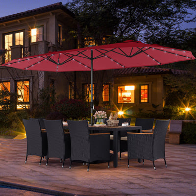 11 Pieces Patio Dining Set with LED Patio Umbrella with Base and Seat Cushions (Beige)-Wine