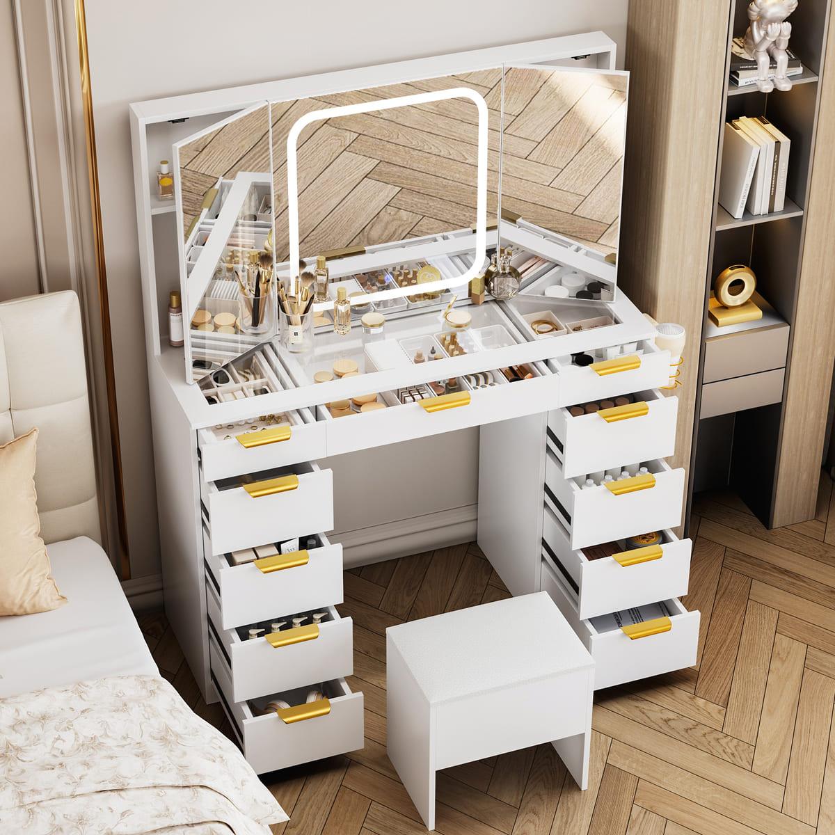 11-Drawer Vanity Desk with Tri-Fold Mirror & Hidden Storage