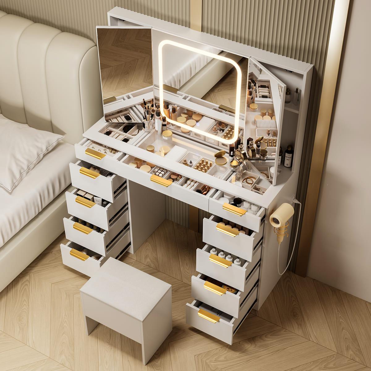 11-Drawer Vanity Desk with Tri-Fold Mirror & Hidden Storage