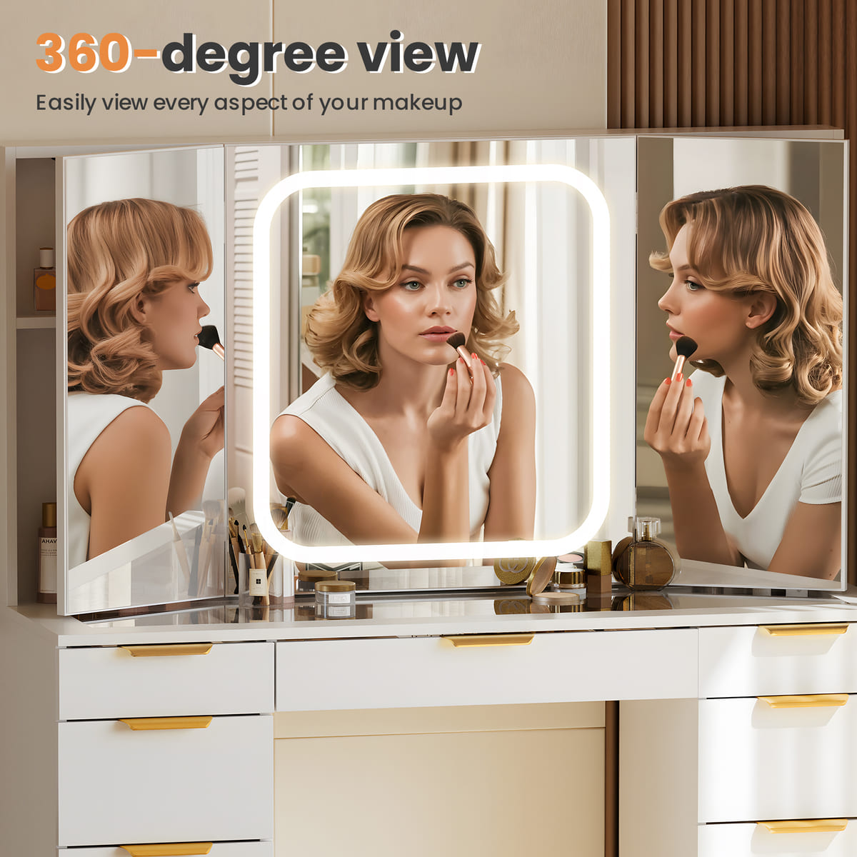 11-Drawer Vanity Desk with Tri-Fold Mirror & Hidden Storage