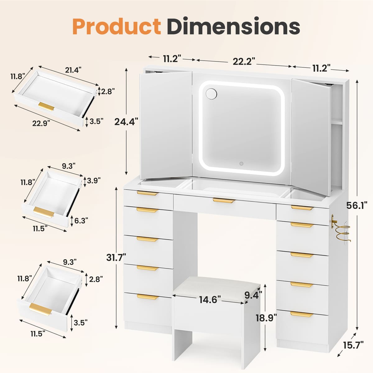11-Drawer Vanity Desk with Tri-Fold Mirror & Hidden Storage