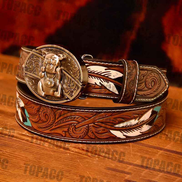 Waist 42-46 inch Western Leather Feather Belt - Block Buckle