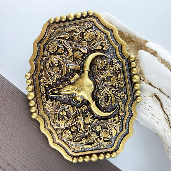 TOPACC Western Copper Longhorn Bull Cow Pattern Belt Buckle