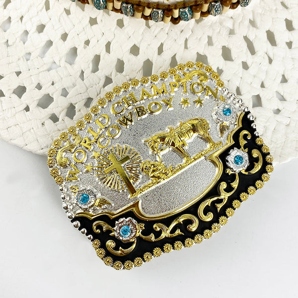 TOPACC 3D Rectangle Western Cowboy Horse Prayer Cross 'world champion cowboy'Belt Buckle