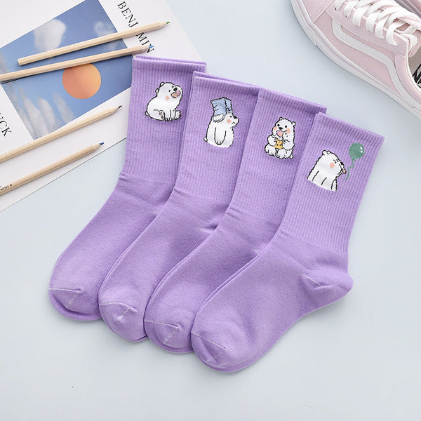 4Pair Spring And Summer Combed Out Of Pure Cotton Socks Mid Waist Fashion Bear Socks Cute Animal Socks Kawaii Cute Cartoon Purple College Socks For Men And Women
