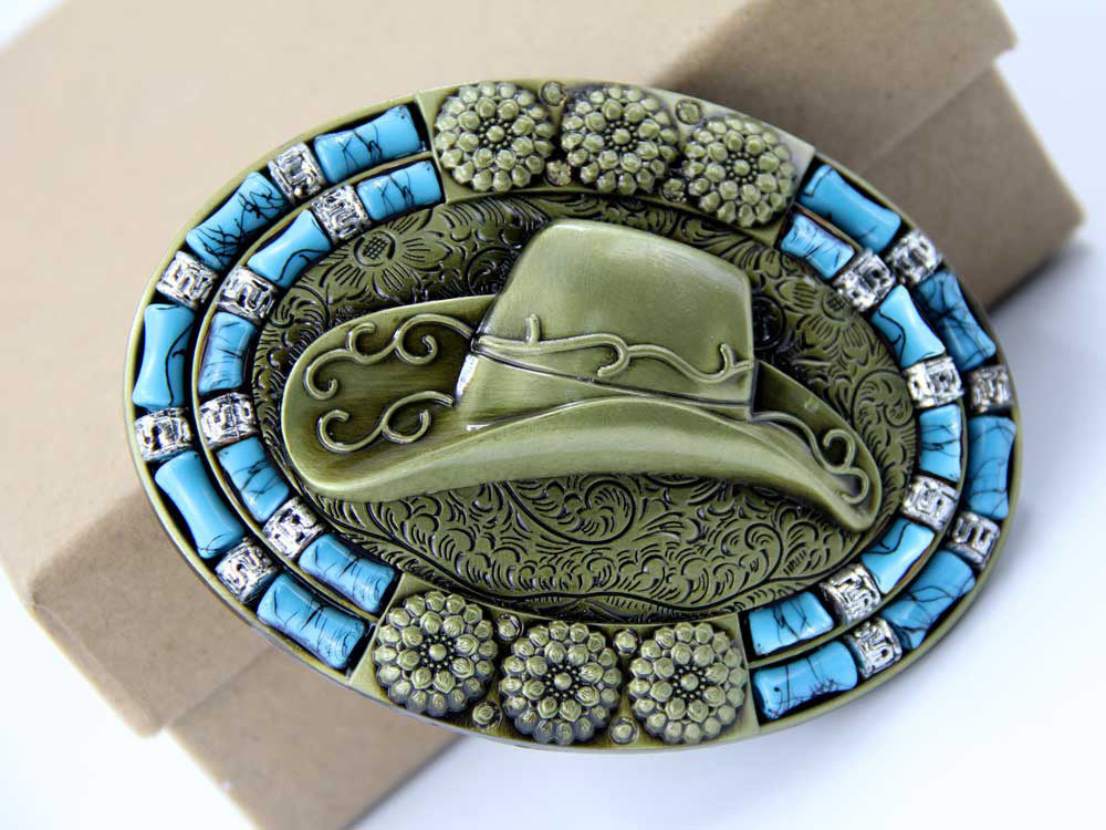 TOPACC Western Turquoise Oval Cowboy Hat Belt Buckle Copper/Bronze