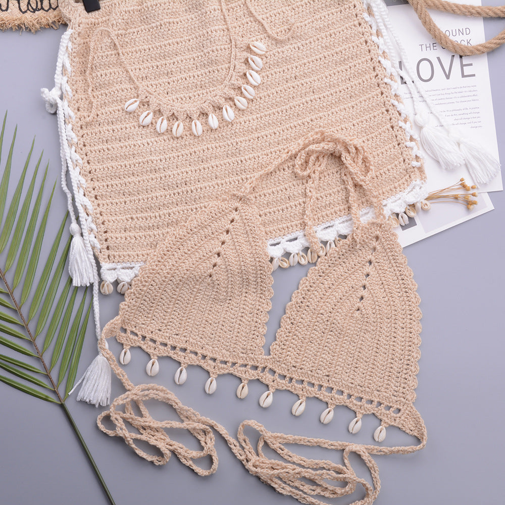 Bikini Set Woman Crochet Shell Tassel Bikini Top And Seashell Beach Skirt Lace See Through Bikini Women Beach Summer 2 Piece Outfits Crochet Mesh Bikini Top and Skirt Set