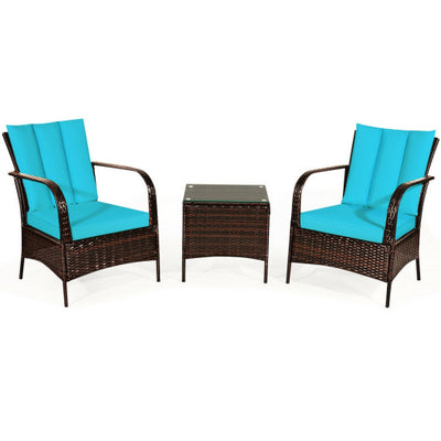 3 Pcs Patio Conversation Rattan Furniture Set with Glass Top Coffee Table and Cushions-Turquoise