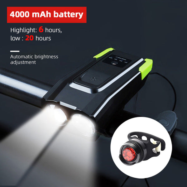 Bicycle Front Light USB Rechargeable Smart Headlight With Horn LED Bike Lamp Headlight Waterproof Bicycle Light With Horn Speaker Touch Switch USB Power Display 4000mAh