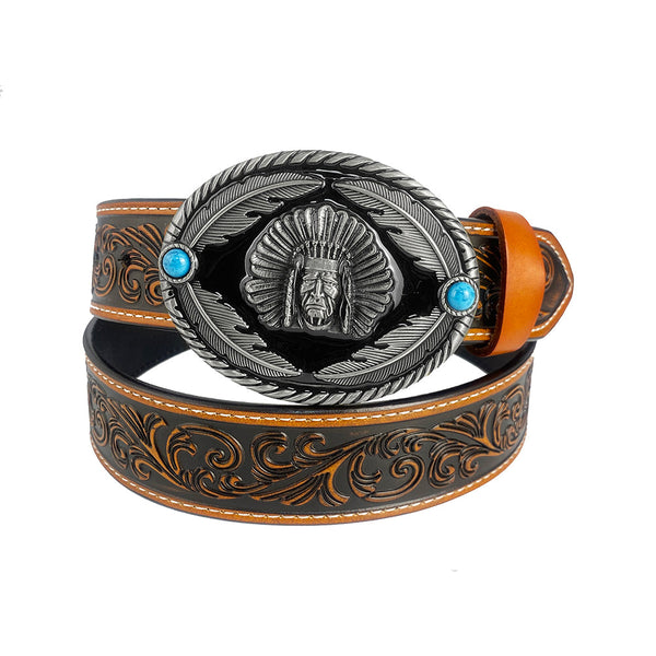 TOPACC Western Genuine Leather Pattern Tooled Belt-Indians Belt Buckle Copper/Bronze