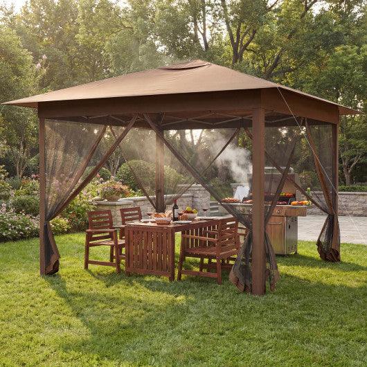 11.5 x 11.5 FT Pop-up Canopy Instant One-Person Setup with Mesh Screen Netting-Brown