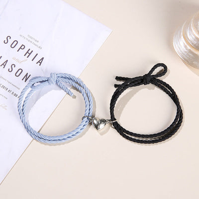 2PCS Magnetic Bracelet Stainless Steel Love Heart Charm Couple Bracelets For Friend Braid Rope Bracelets Magnet Adjustable Rope Matching Bracelet Love Bracelet Couples 2 Pieces Relationship Magnetic Bracelet