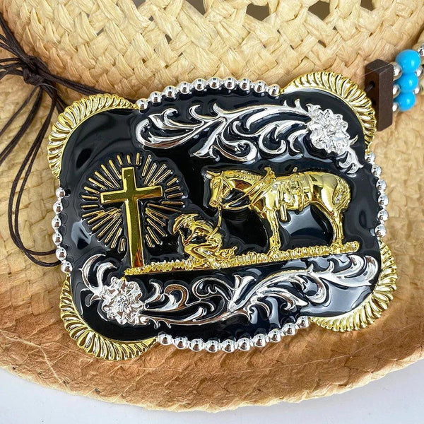 TOPACC 3D Rectangle Western Cowboy Horse Prayer Cross Belt Buckle Black Gold/Bronze - Gifts for You 'n Me