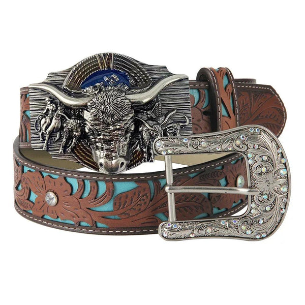 TOPACC Western Turquoise Belts - Longhorn Cow Belt Buckle Horseback Riding Copper/Bronze - Gifts for You 'n Me