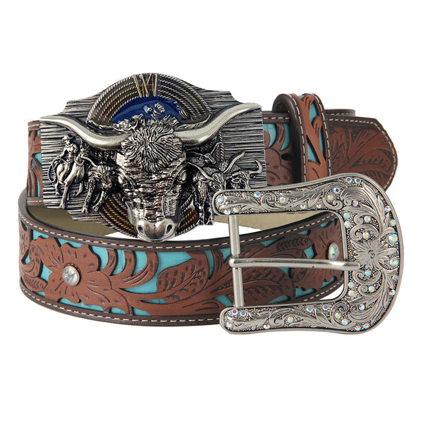 TOPACC Western Turquoise Belts - Longhorn Cow Belt Buckle Horseback Riding Copper/Bronze