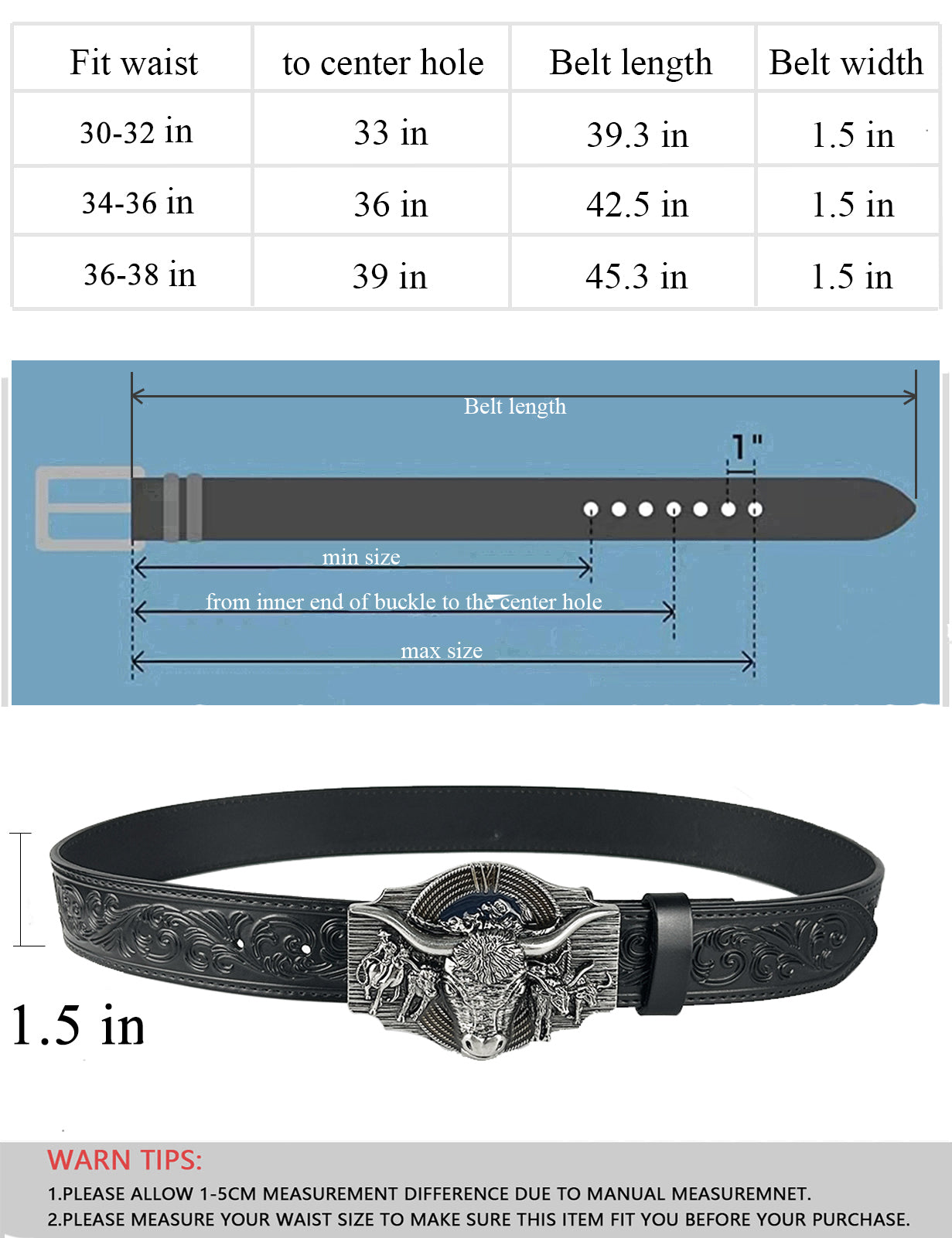 TOPACC Black Genuine Leather Belt-Longhorn Cow Belt Buckle Horseback Riding Copper/Bronze