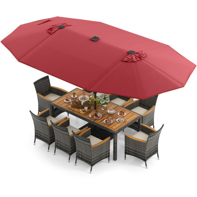 11 Pieces Patio Dining Set with 15 Feet Double-Sided Patio Umbrella Base Included-Wine