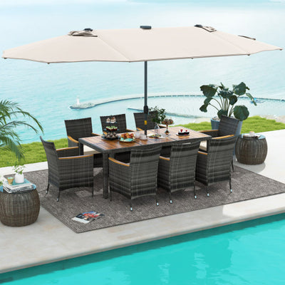 11 Pieces Patio Dining Set with 15 Feet Double-Sided Patio Umbrella Base Included-Beige