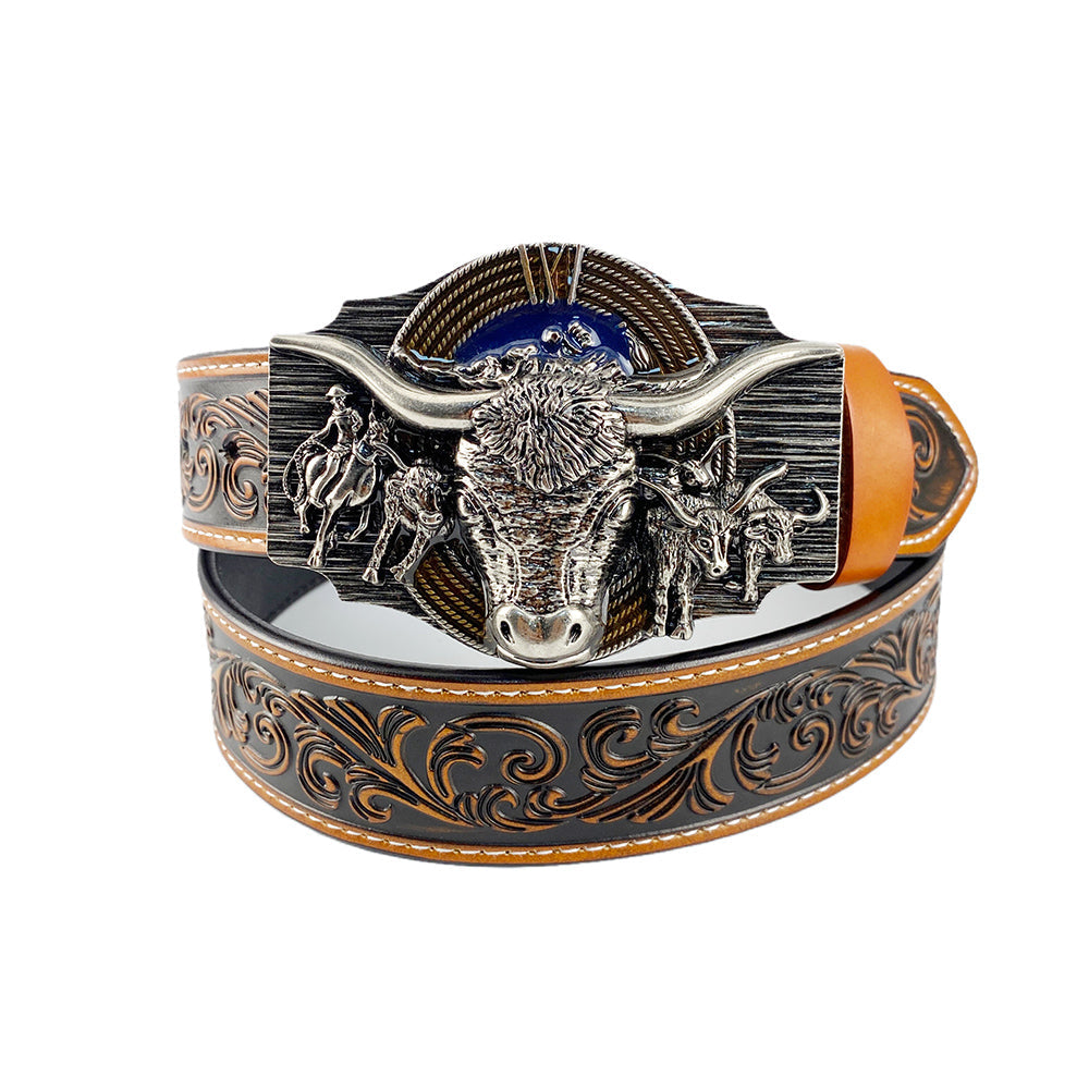 TOPACC Western Genuine Leather Pattern Tooled Belt-Longhorn Cow Belt Buckle Horseback Riding Copper/Bronze