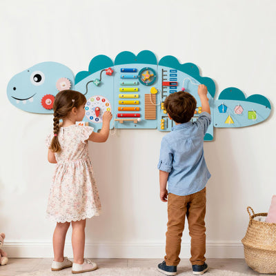 11-in-1 Dinosaur Activity Wall Busy Board Panels for Toddlers Education and Early Development-Blue