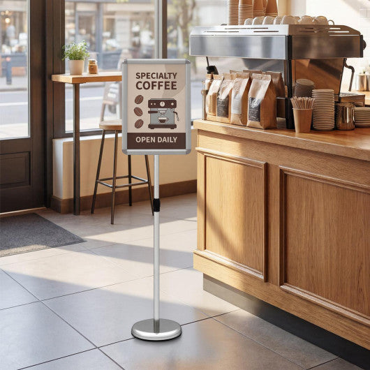 11 x 17 Inch Height Adjustable Sign Holder Stand with Snap-Open Frame-Silver