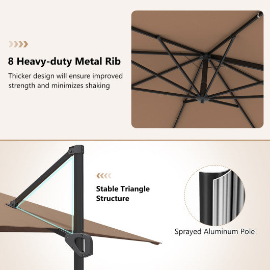 11 x 9 FT Cantilever Patio Umbrella with 360° Rotation and Easy Tilt Adjustment-Brown