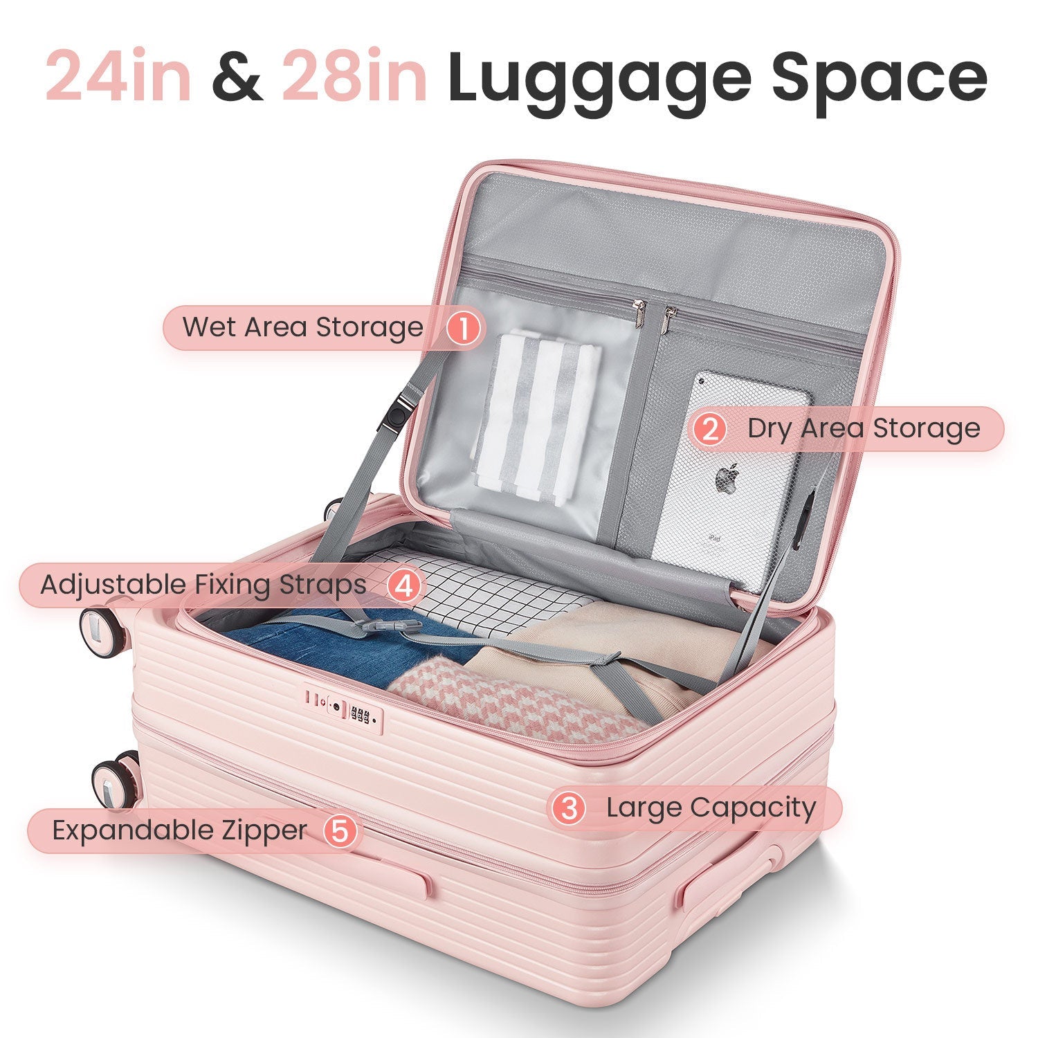 Luggage Sets 3 Piece(20/24/28), Expandable Carry On Luggage with TSA Lock Airline Approved, 100% PC Hard Shell and Lightweight Suitcase with Front Pocket and Spinner Wheels