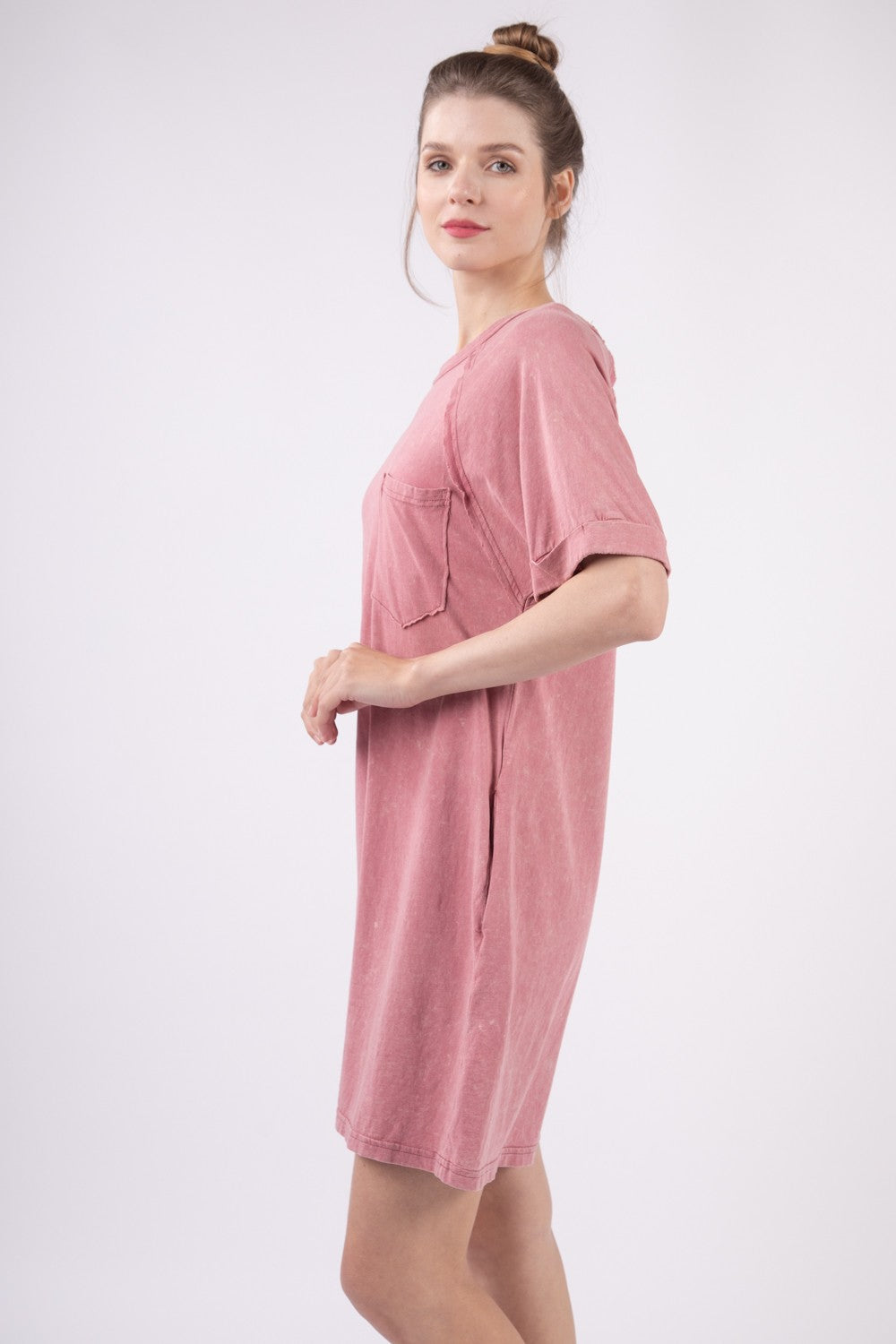 Woman Dress Casually Washed Round Neck Mini Tee Dress - Effortlessly Chic Casual Dress with Pocketed Design