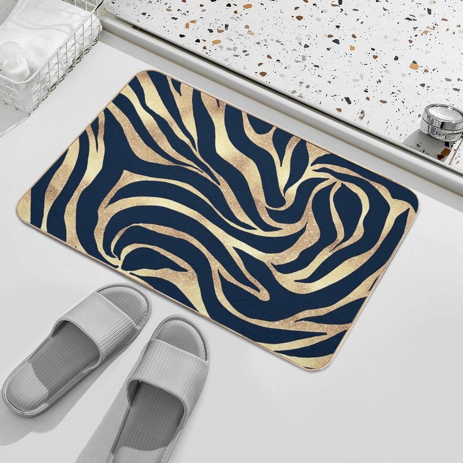 Elegant Navy Blue Gold Zebra Print Bath Mat