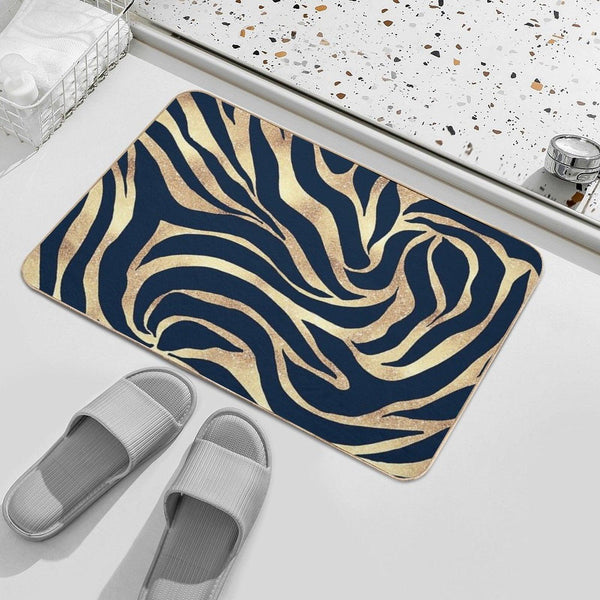 Elegant Navy Blue Gold Zebra Print Bath Mat