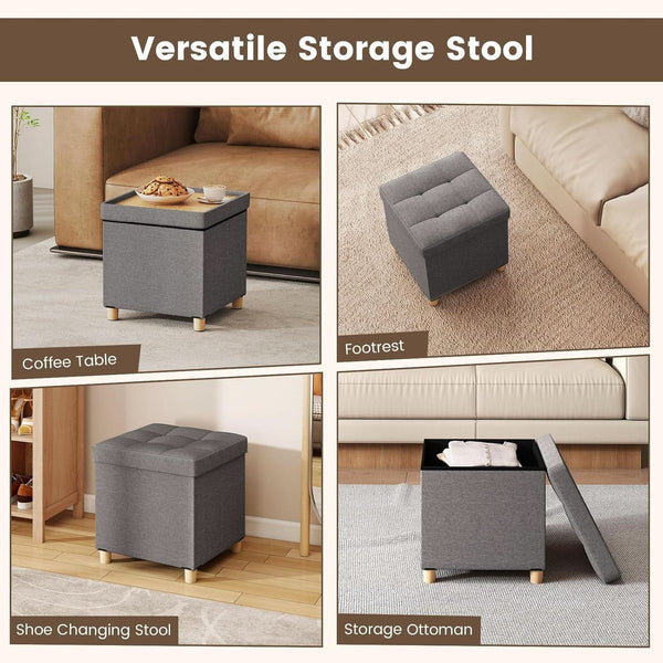 Linen Fabric Storage Ottoman Cube With Tray Lid Elevated Legs 18 Inch