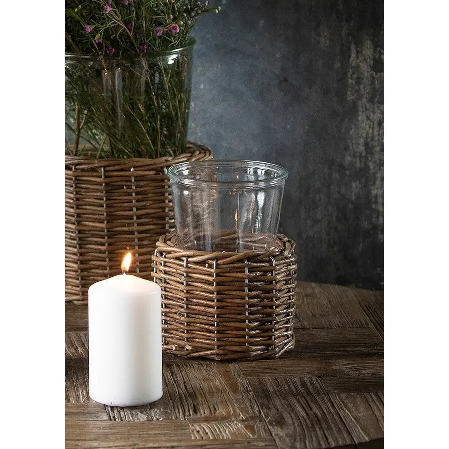 Glass Vase / Candle Holder with Wicker Base