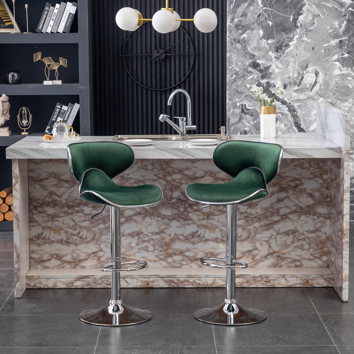 Green Velvet Adjustable Swivel Bar Stools with Chrome Base & Footrest – Set of 2
