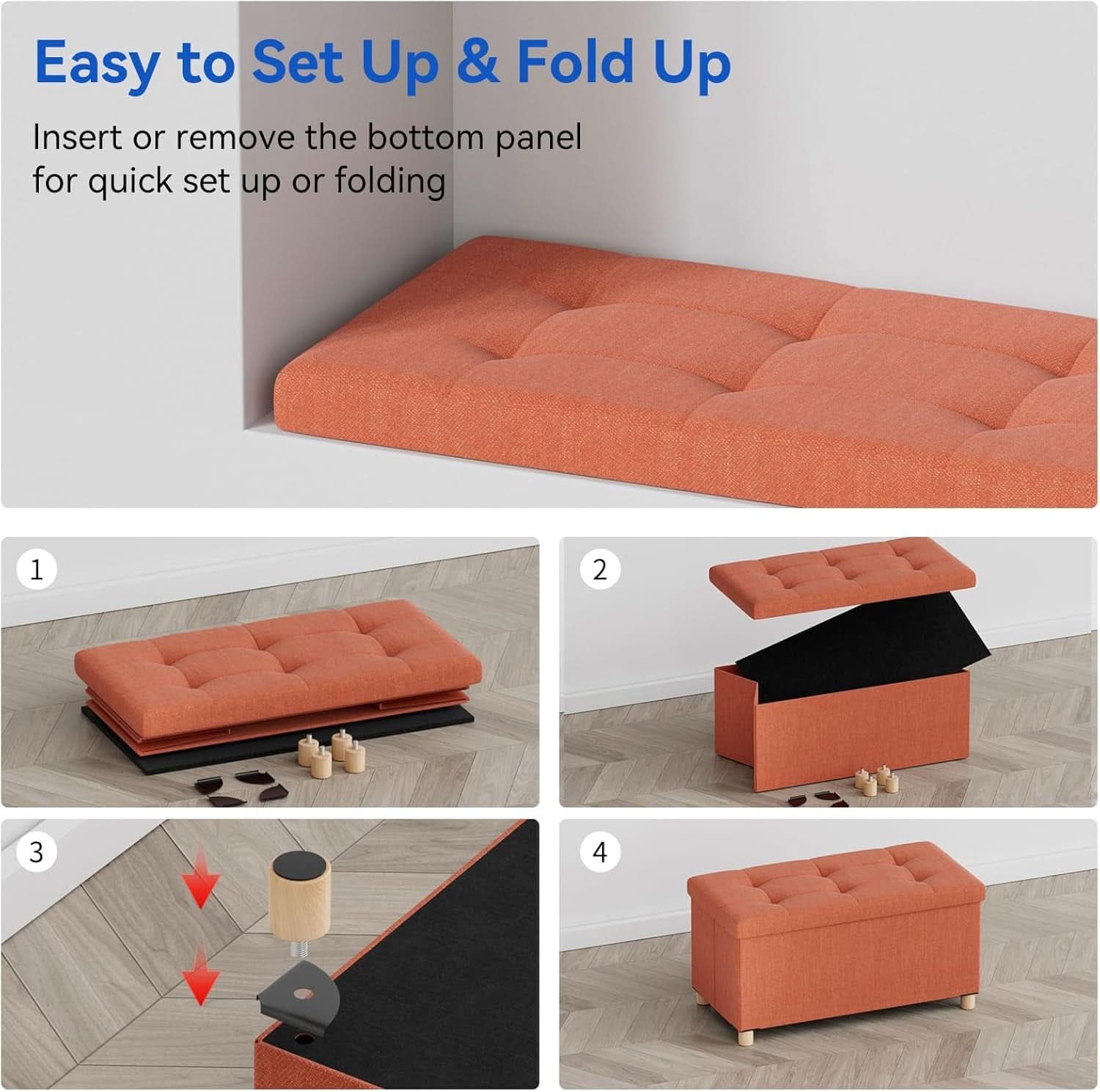 30 Inch Folding Storage Ottoman Bench Bright Orange