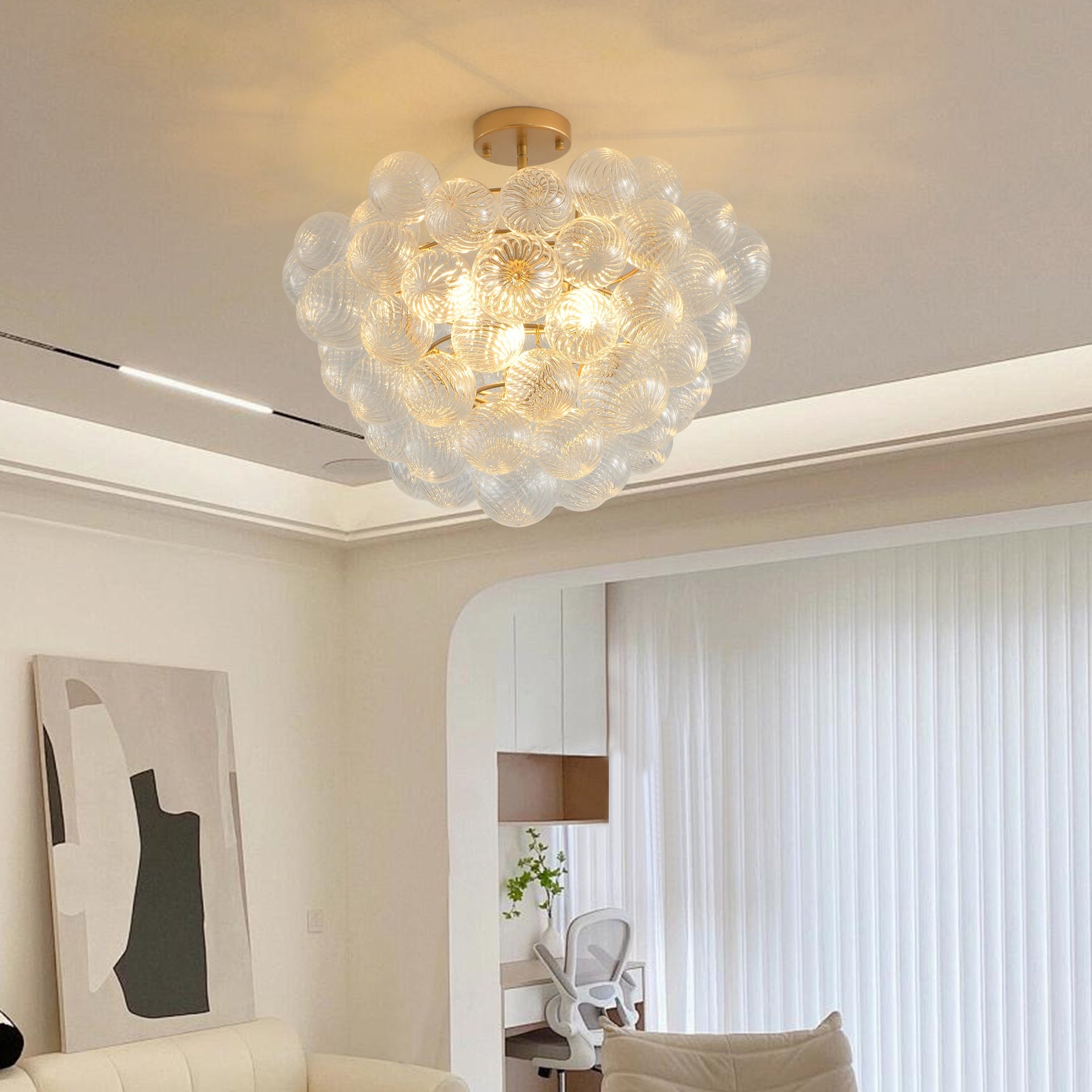Gold Pendant Chandelier with Threaded Clear Glass Globe Shade for Living, Dining & Kitchen