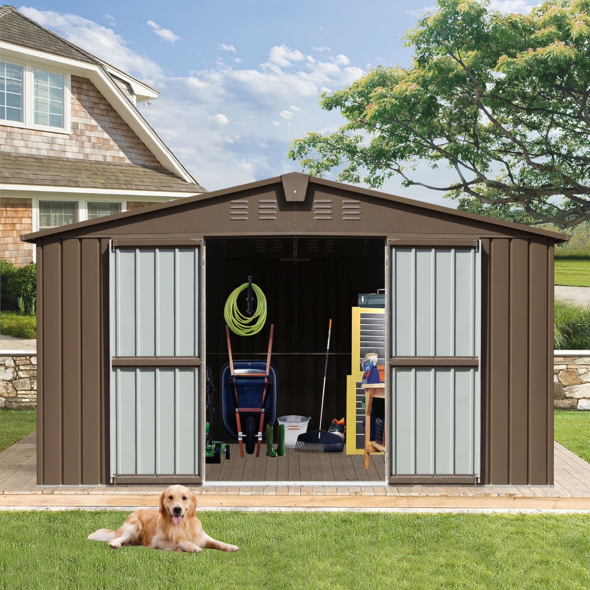 [11X12FT] Outdoor Backyard Storage Metal Shed With Galvanized Steel Frame, Windows, And Lockable Doors (SAK60167)