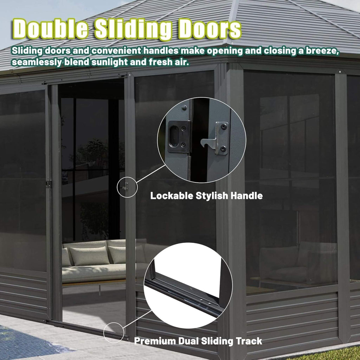 [11X14FT] Meridian Premium Four Season Outdoor Aluminum Hardtop Gazebo Sunroom With Galvanized Steel Roof, Sliding Doors And Movable PVC Screen Walls (SAK88776)