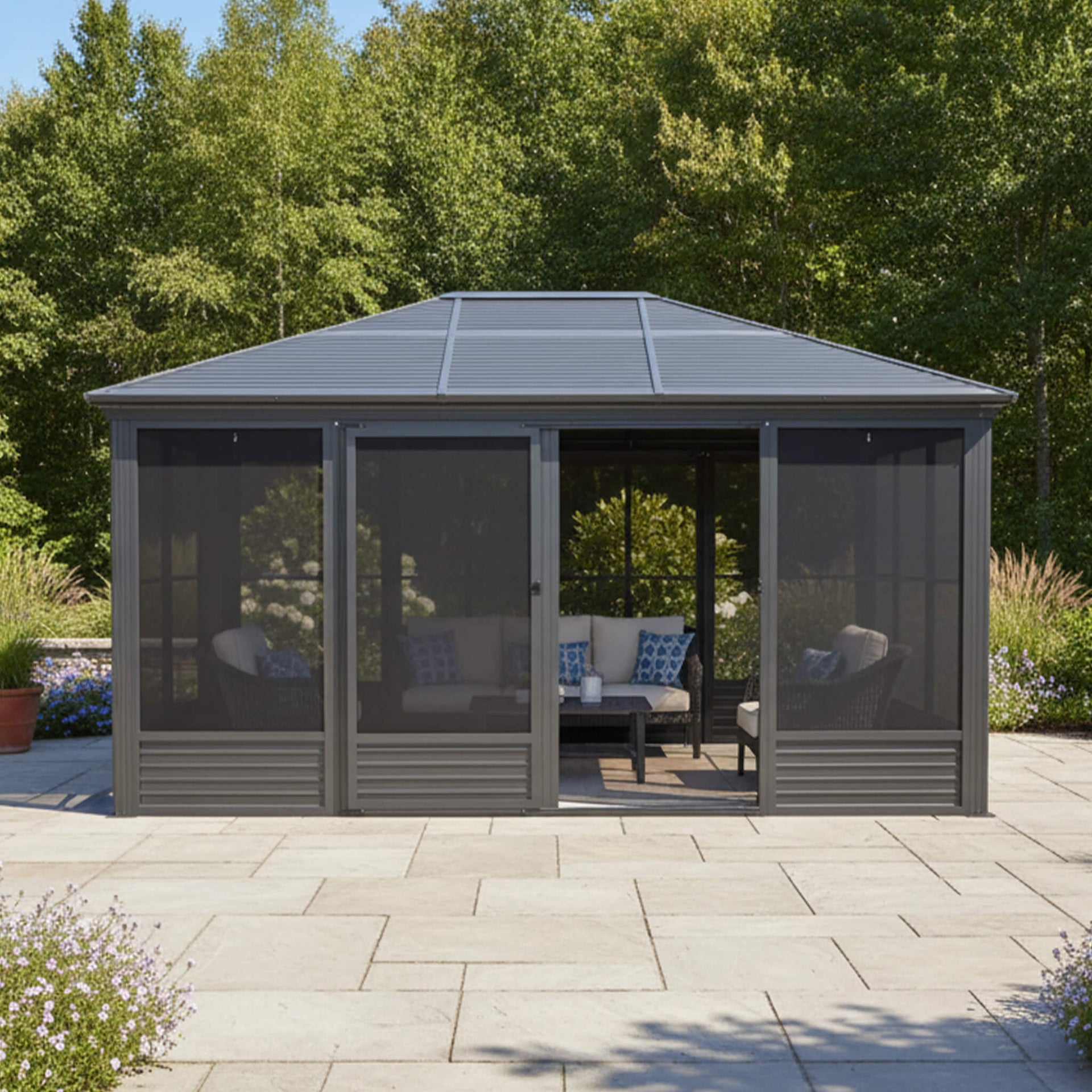 [11X14FT] Meridian Premium Four Season Outdoor Aluminum Hardtop Gazebo Sunroom With Galvanized Steel Roof, Sliding Doors And Movable PVC Screen Walls (SAK88776)